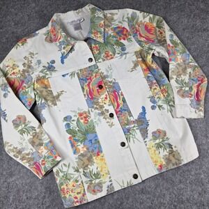 Susan Graver Floral Denim Jacket White Cotton‎ Cottagecore Grannycore Boho Large